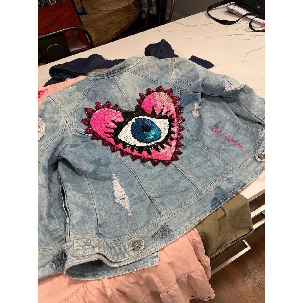 Distressed Denim Jacket with Pink Heart Eye Sequin Patch M-L